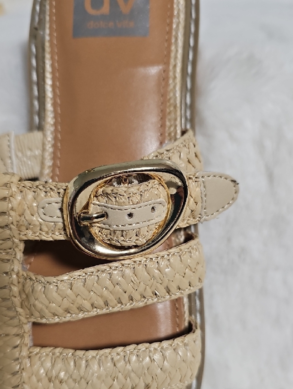DV by Dolce Vita Beige Woven Slide Sandals with Gold Buckle - Picture 6 of 9